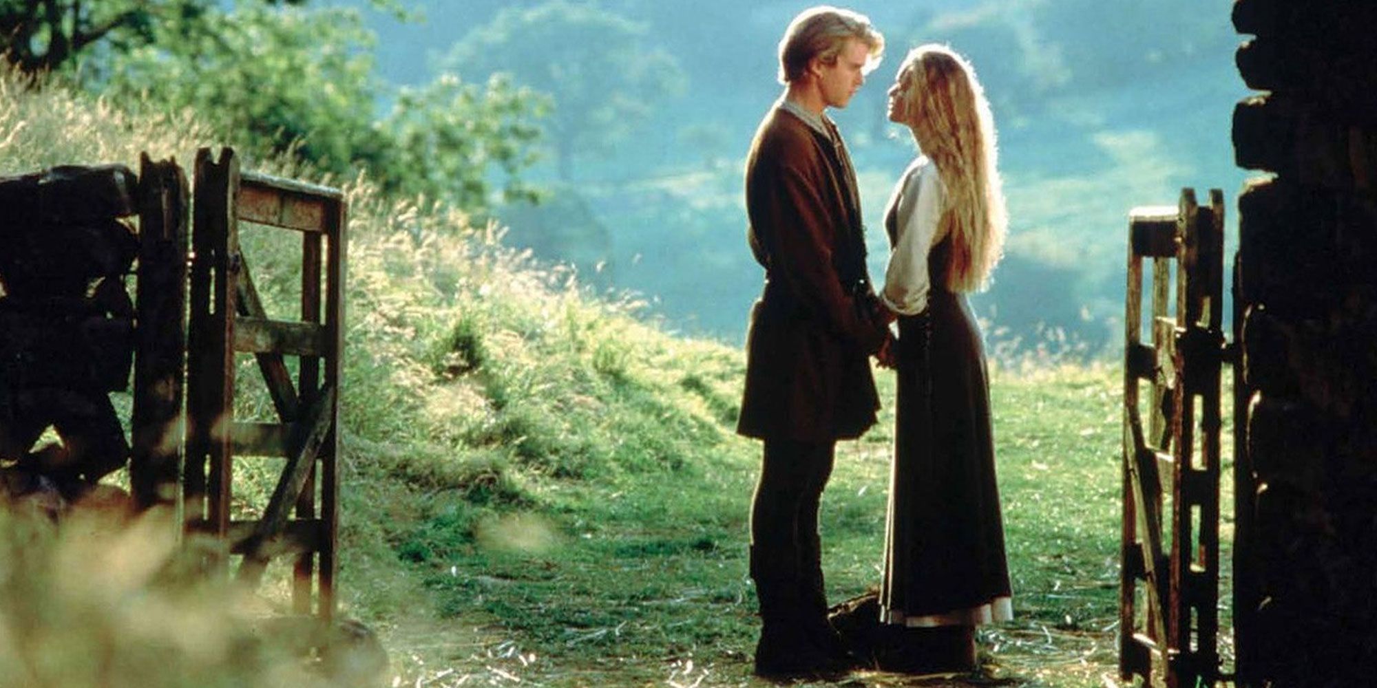 Cary Elwes as Wesley and Robin Wright as Buttercup gazing into each other's eyes in The Princess Bride.