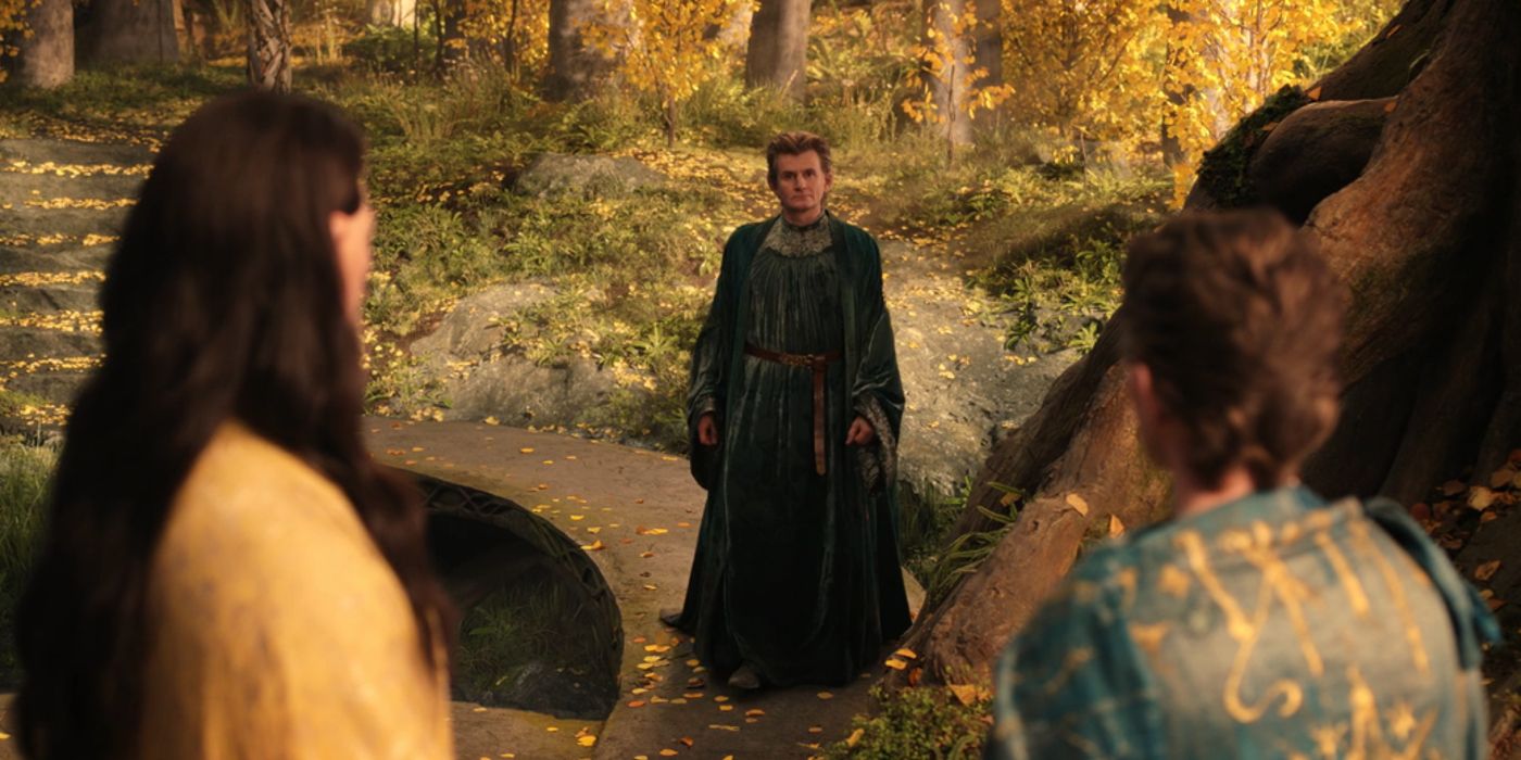 Gil-galad, Elrond, and Celebrimbor outdoors in The Lord of the Rings: The Rings of Power