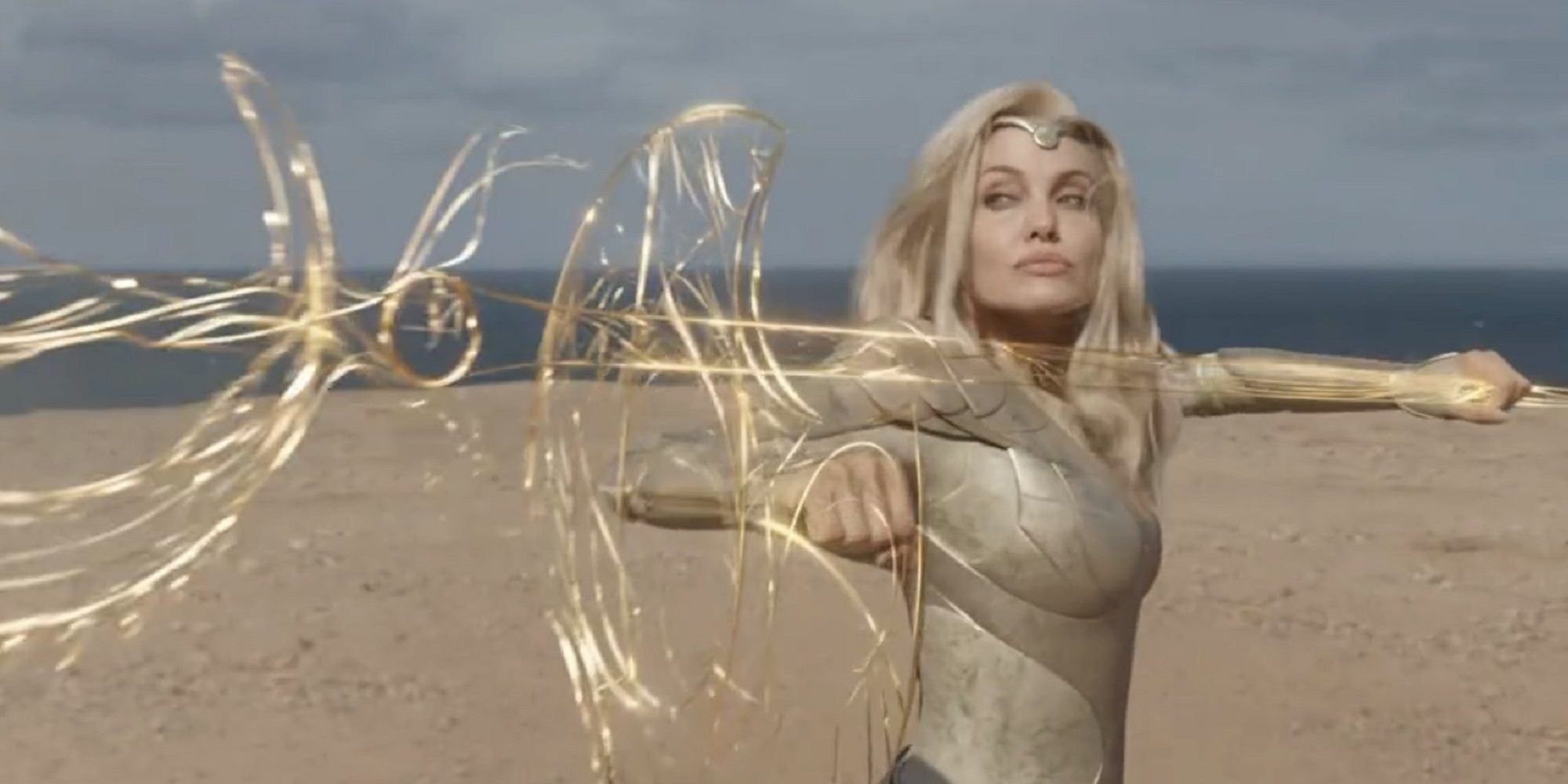 Thena conjures up a weapon in Eternals
