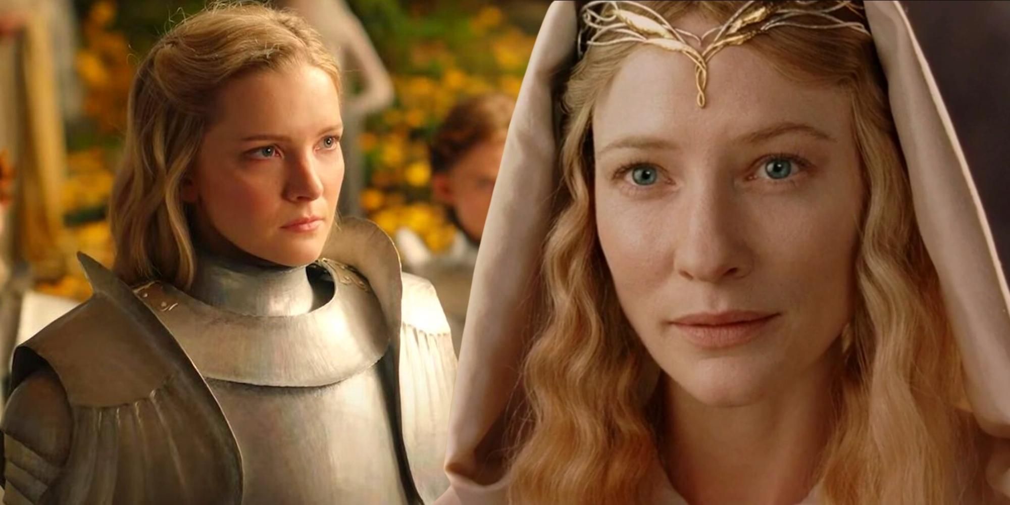 Morfydd Clark as Galadriel in Rings of Power, and Cate Blanchett as Galadriel in Lord of the Rings