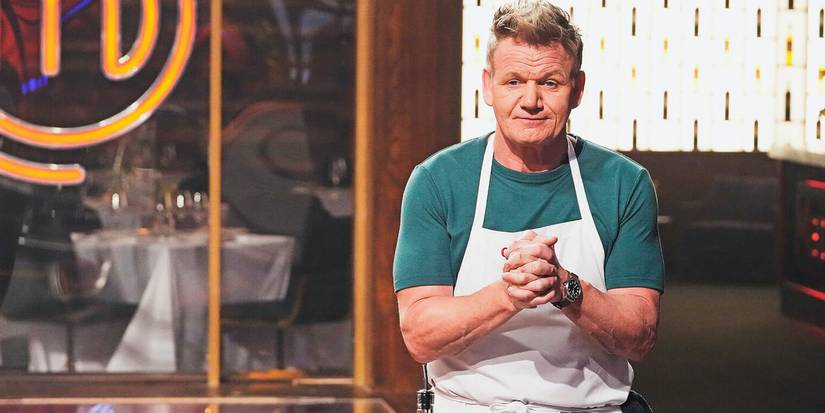 Gordon Ramsay in Masterchef wearing apron green t shirt