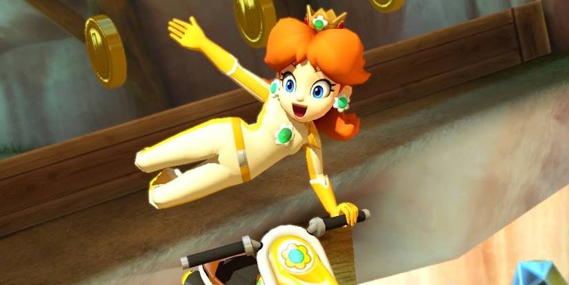 Daisy stunts off her bike in Mario Kart 8 Deluxe