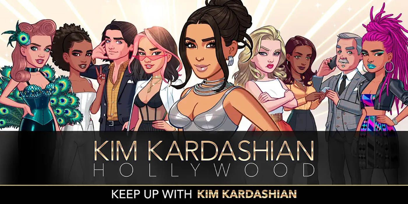 Uma imagem promocional do aplicativo Hollywood de Kim Kardashian mostrando seu avatar com outras pessoas ao fundo.