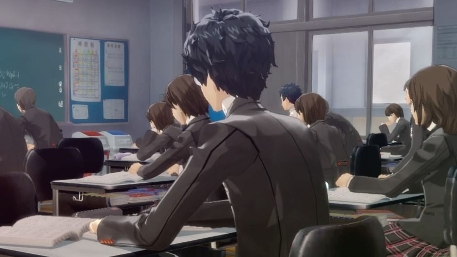 Back view of Joker sitting at a desk in a classroom in Persona 5 Royal