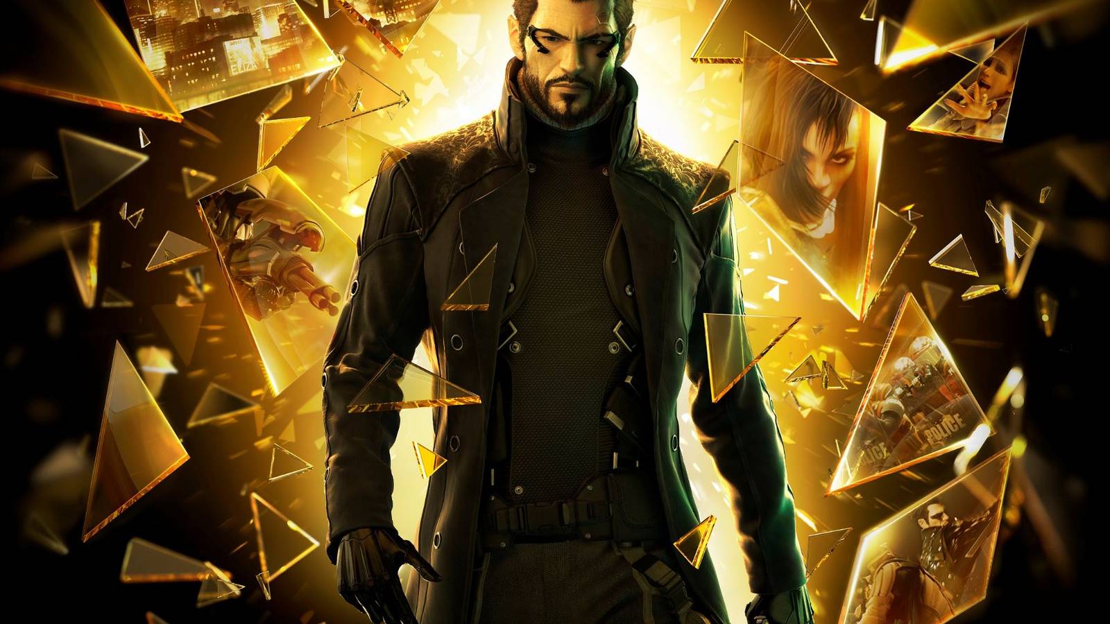 Poster for the game Deus Ex Mankind Divided featuring the protagonist Adam Jensen,