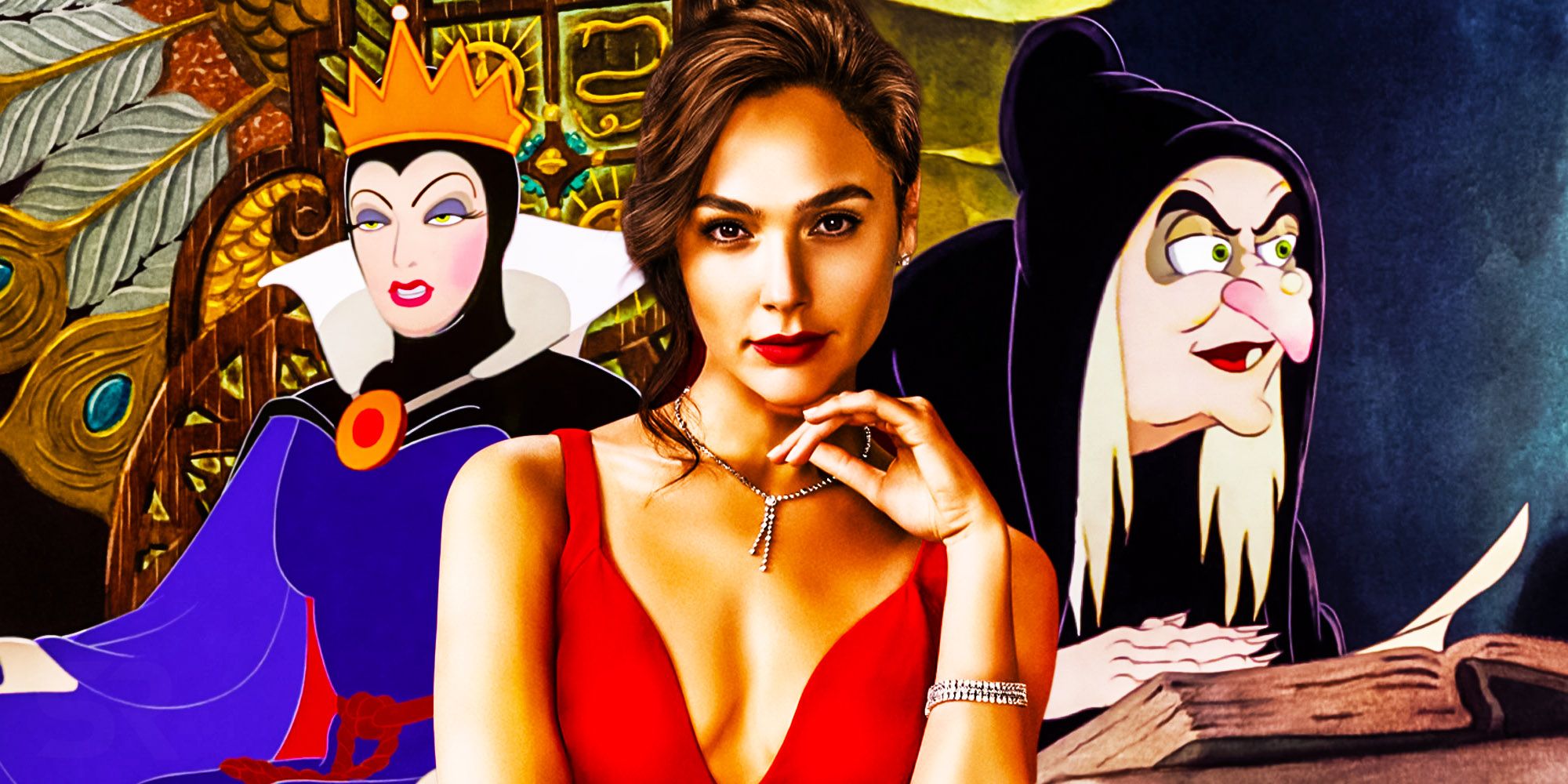 A blended image features Gal Gadot in front of Disney animated character the Evil Queen and her Old Witch counterpart in Snow White And The Seven Dwarfs.