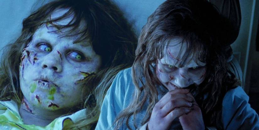 Dual image of Reagan MacNeill possessed and looking evil in The Exorcist