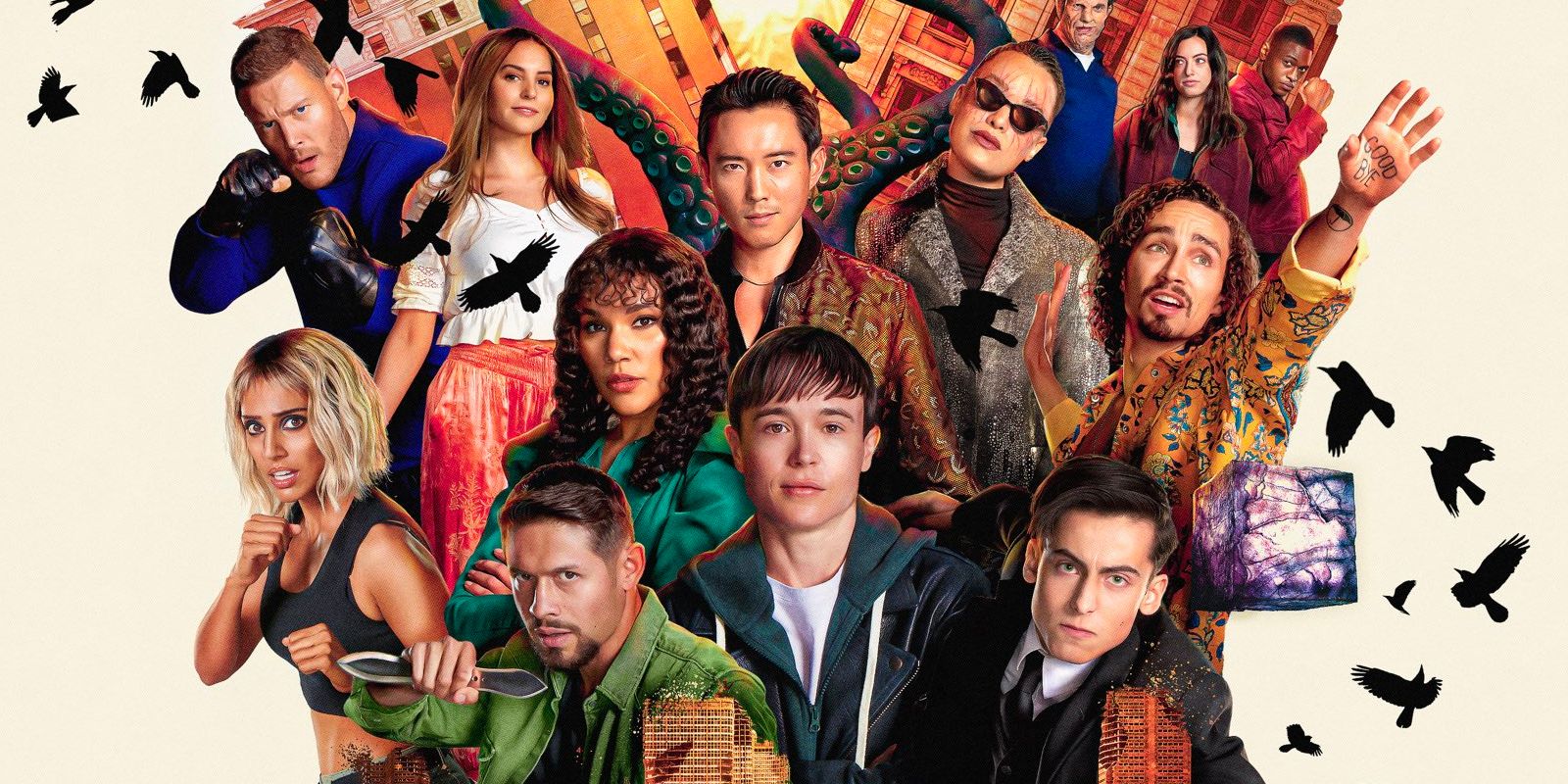 the umbrella academy cast posing together for a Season 3 poster