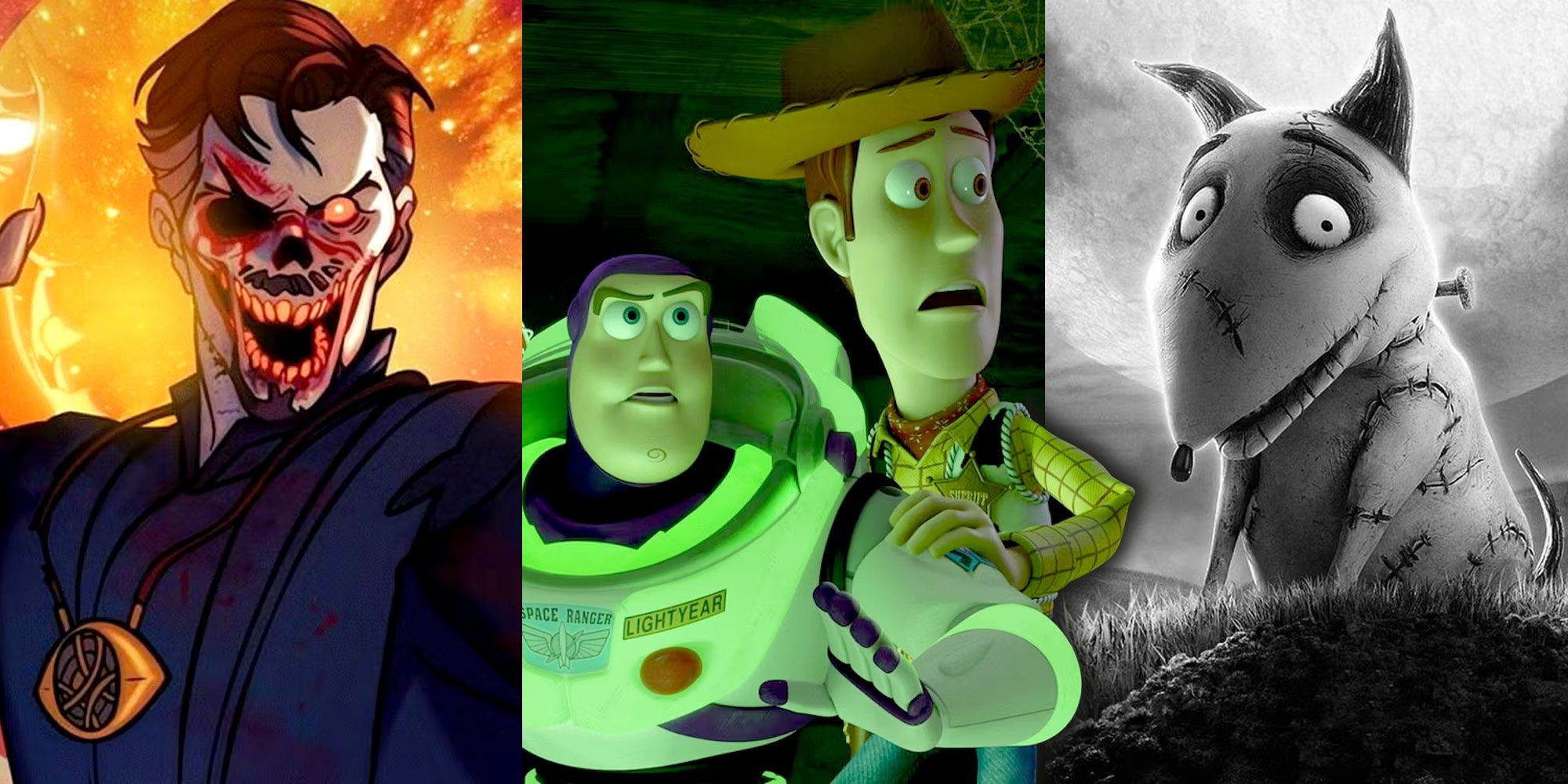 Split image of scenes from Marvel's What If? Toy Story and Frankenweenie