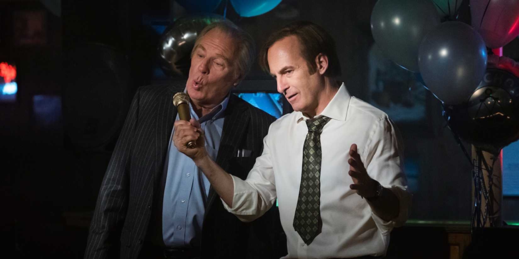 A still of Jimmy and Chuck singing from the Better Call Saul episode Winner