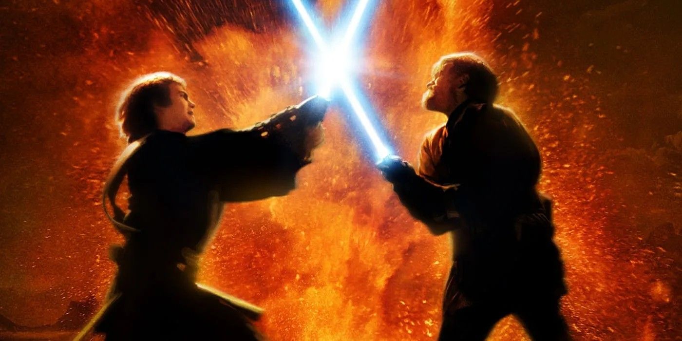 Anakin and Obi-Wan in Revenge of the Sith poster with their lightsabers clashing on Mustafar