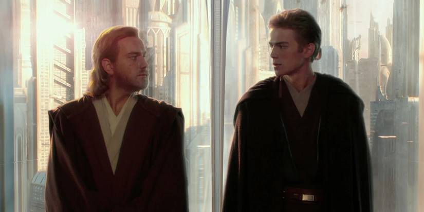 Anakin and Obi-Wan talk in an elevator in Star Wars Episode II Attack of the Clones