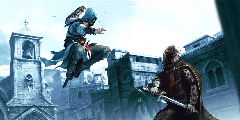 Altair from Assassin's Creed leaps at a soldier with his hidden blade.