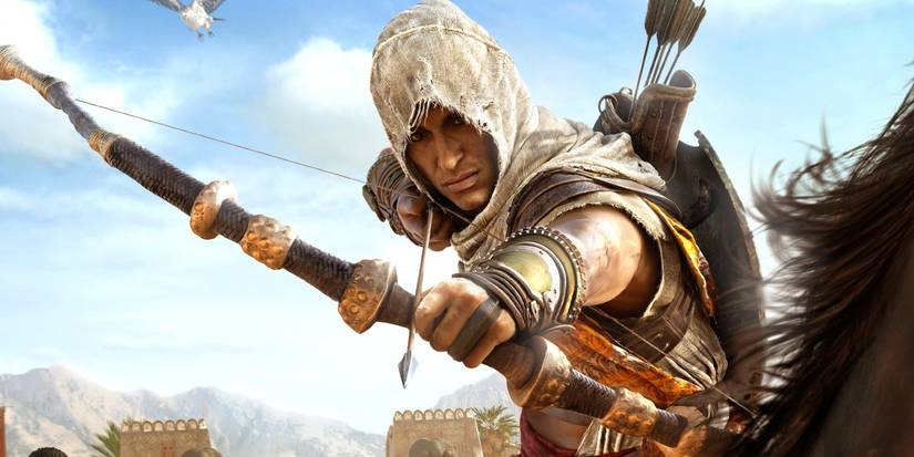 Bayek in Assassin's Creed Origins holding a bow and aiming it at the camera.