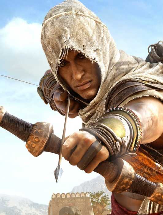 Bayek in Assassin's Creed Origins holding a bow and aiming it at the camera.