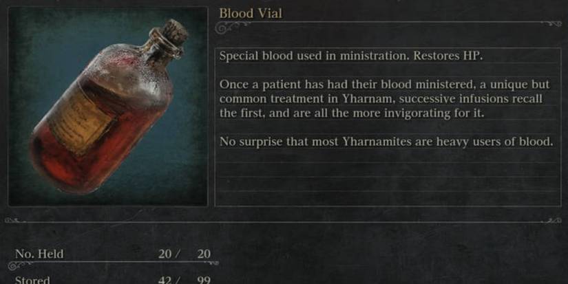 The inventory description of the Blood Vials in Bloodborne.
