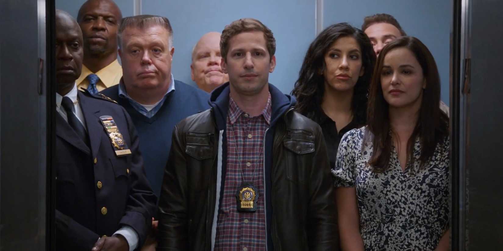 The squad leaving the precinct in the elevator in the Brooklyn Nine-Nine finale