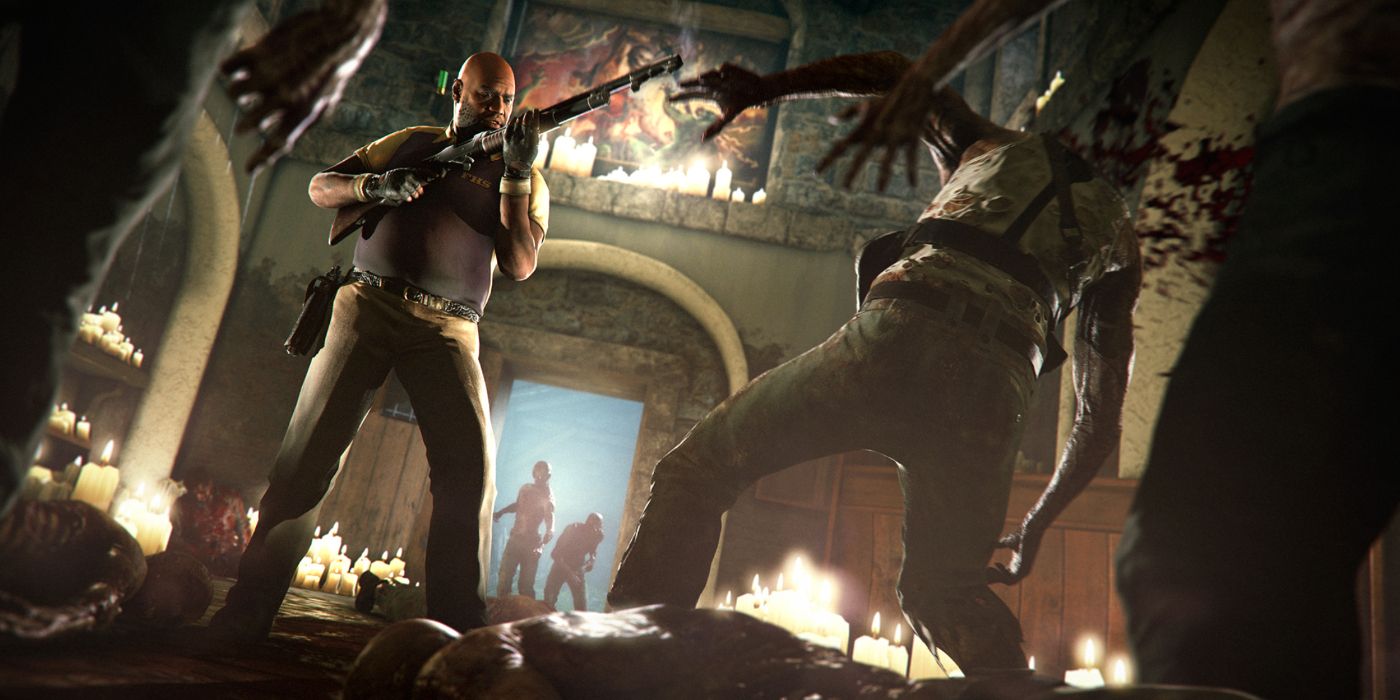 A guy with a gun shooting oncoming zombies