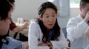 Cristina Yang is staring judgingly at someone on Grey's Anatomy.