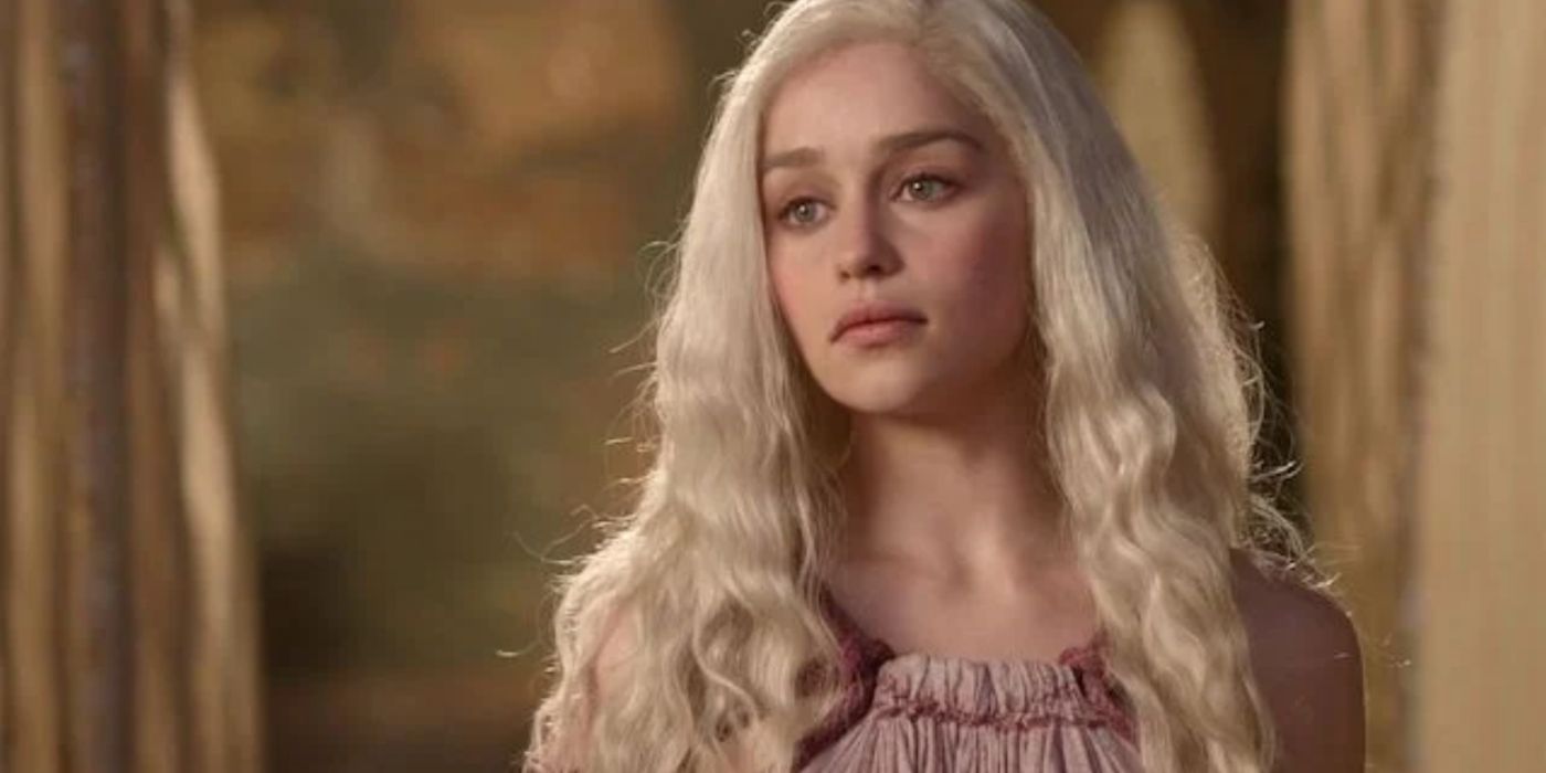 Daenerys Targaryen (Emilia Clarke) looking to the distance in season 1 of Game of Thrones.