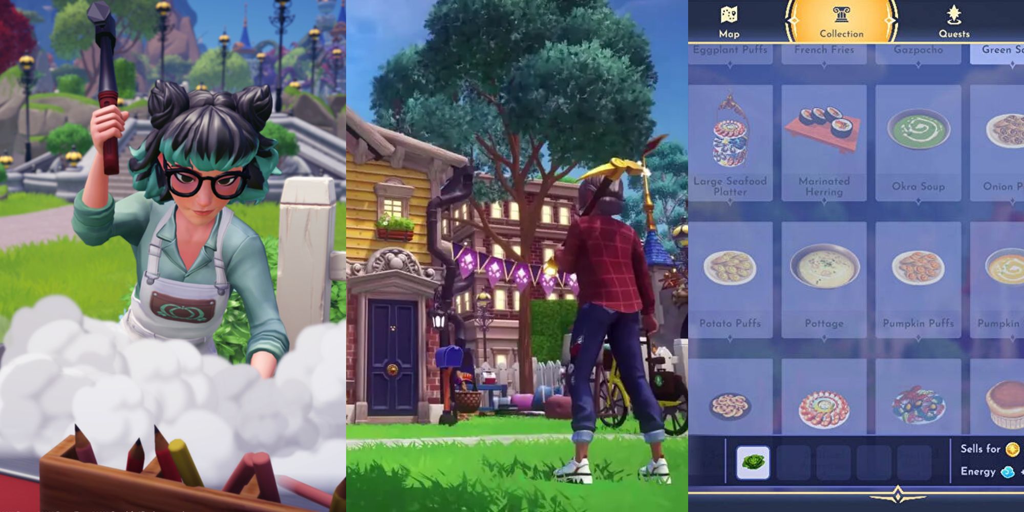 Шаблон для трех изображений с различными активностями и рецептами в Disney Dreamlight Valley