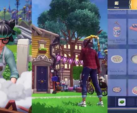 Шаблон для трех изображений с различными активностями и рецептами в Disney Dreamlight Valley