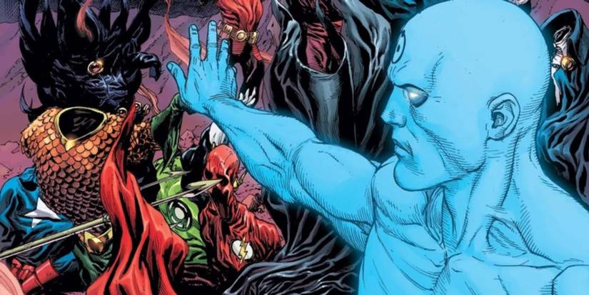 Doctor Manhattan making the heroes of the DC Universe disappear with a wave of his hand