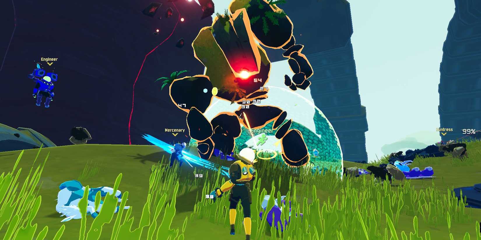 Борьба с большим врагом в Risk of Rain 2, огромным существом, похожего на камень.