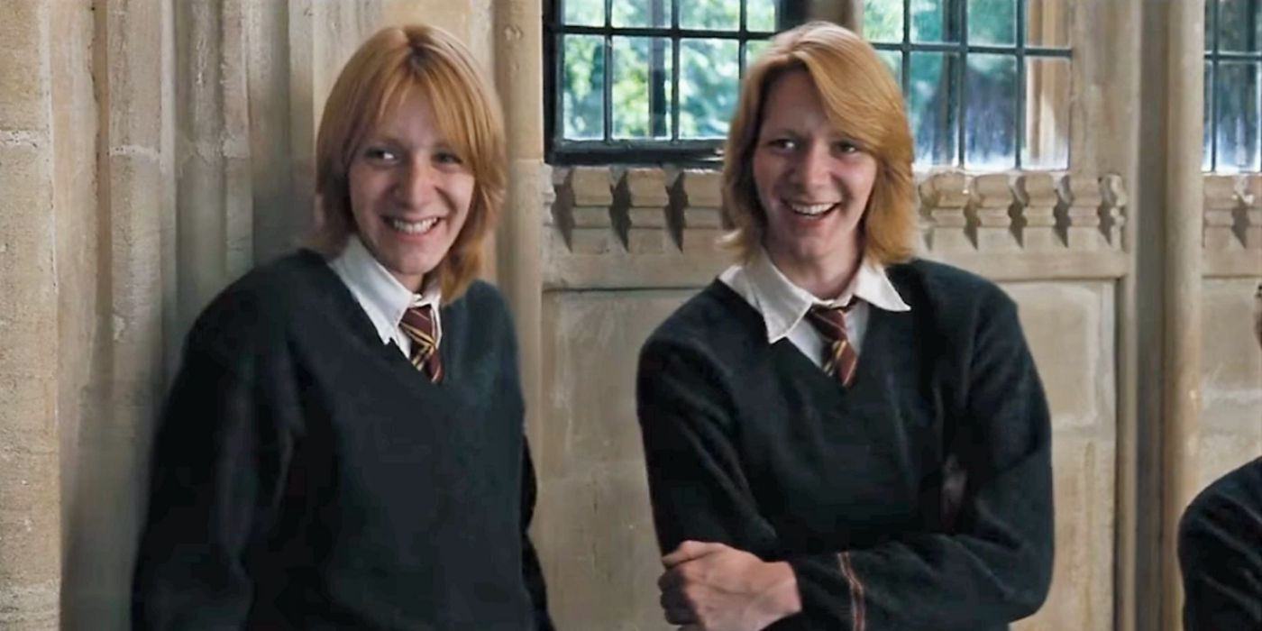 Fred and George (James and Oliver Phelps) Laughing in the Hogwarts halls in Harry Potter and the Order of the Phoenix