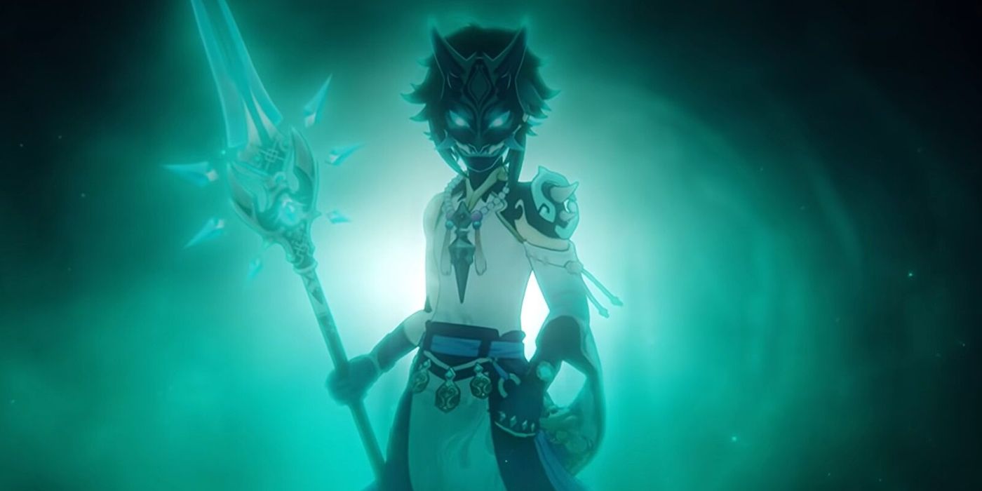 Xiao em uma máscara em Genshin Impact 