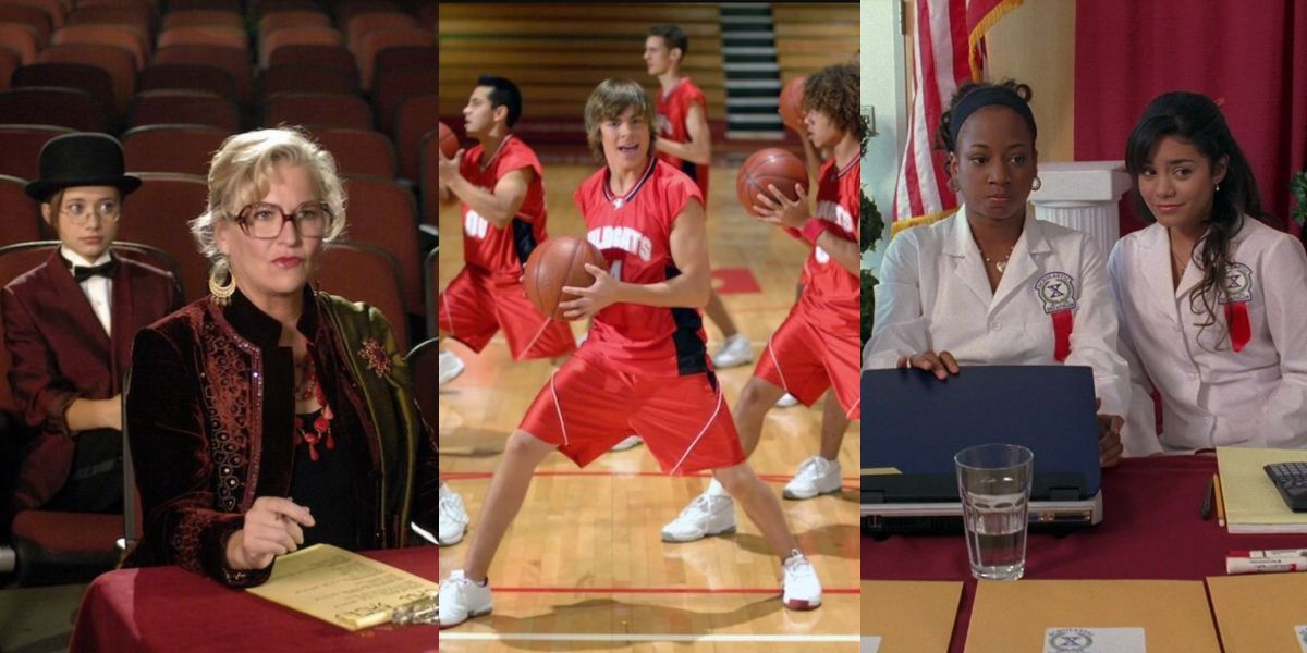 Split Image: Ms. Darbus and Kelsy in the theater, Troy playing basketball, and Taylor and Gabriella at the Decathalon