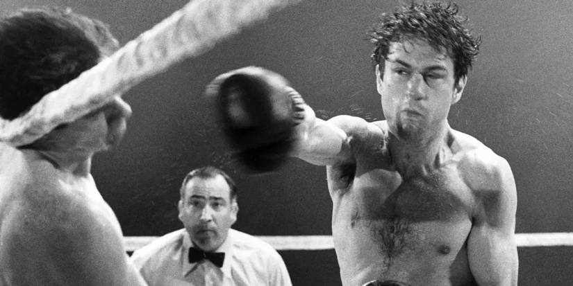Jake LaMotta swinging a punch in Raging Bull