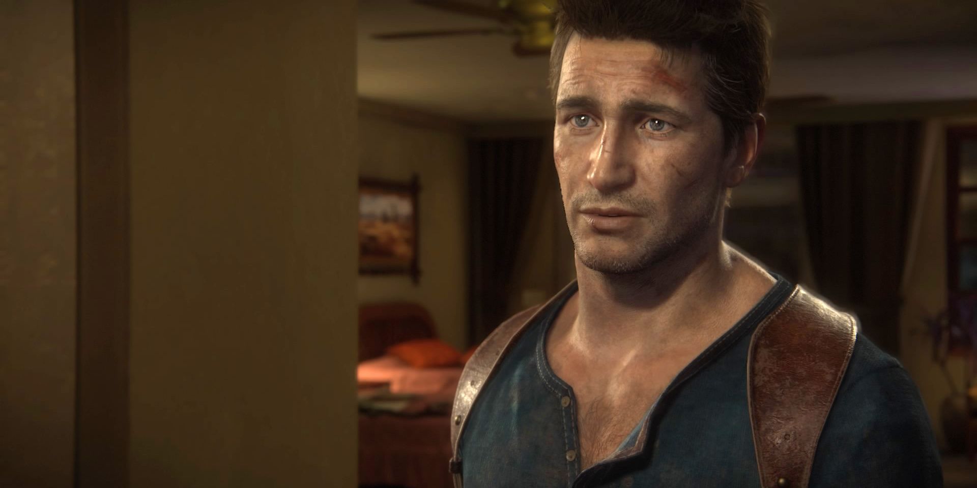 Nate looking sad and teary eyed in Uncharted 4 