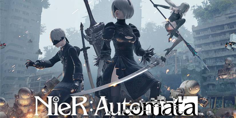 Automata key art featuring 2B, 9S, and A2 fighting a horde of machines.