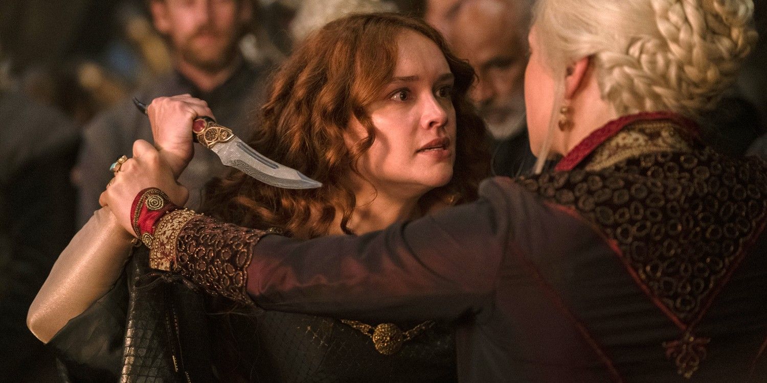 Olivia Cooke as Alicent Hightower lunging at Rhaenyra with a knife on House of the Dragon