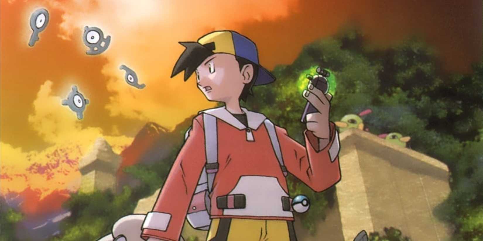 Gold standing outide the Ruins of Alph in Pokemon Gold and Silver