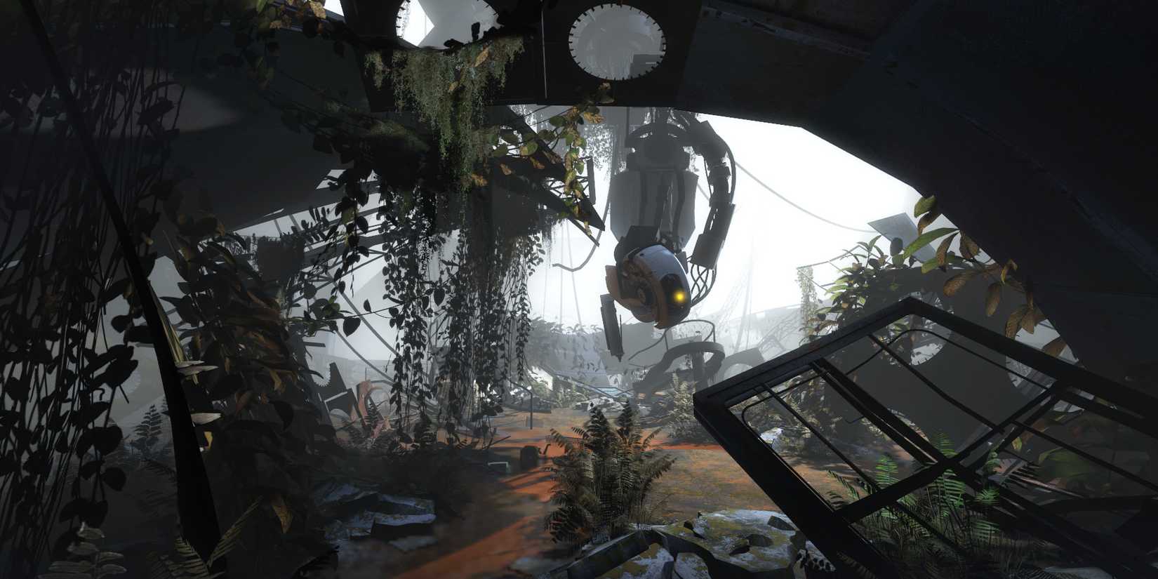GLaDOS hanging from the ceiling in an abandoned and overgrown facility in Portal 2.