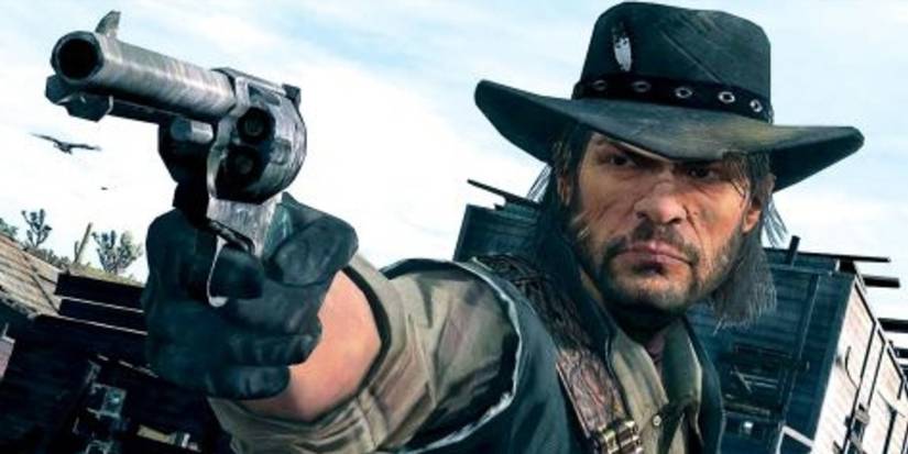 John Marston from the first Red Dead Redemption, aiming his Cattleman revolver to the left of the camera.