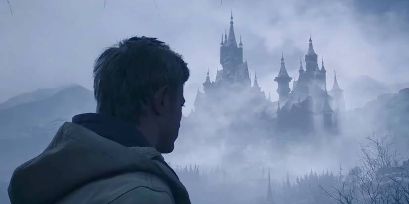 Ethan Winters looking at Castle Dimitrescu in Resident Evil Village, shown from the new third-person perspective.