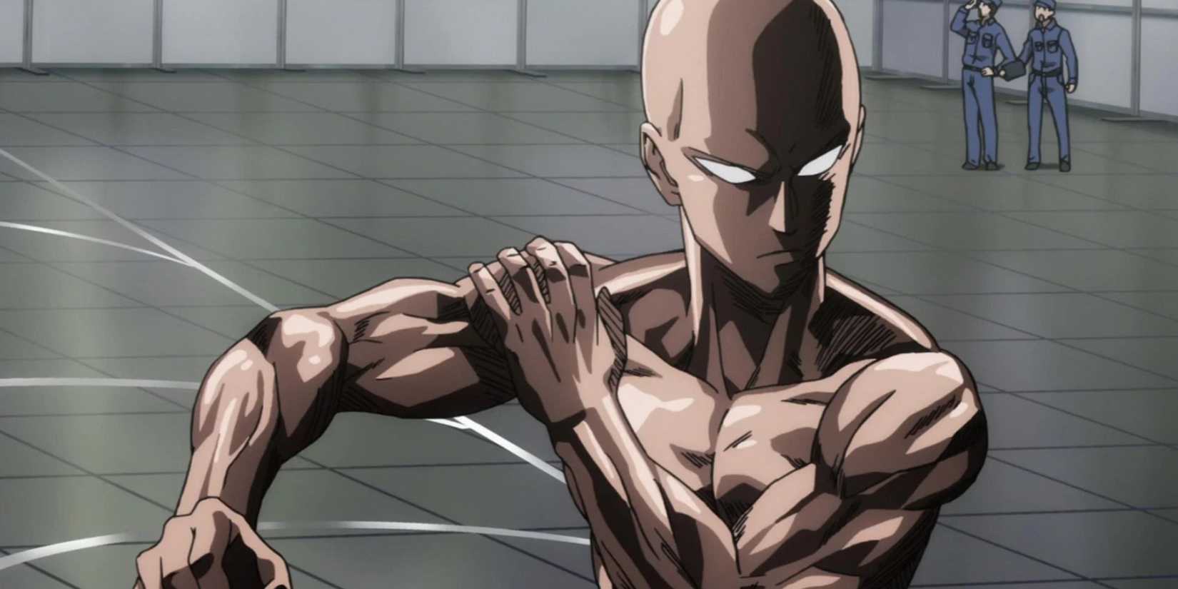 One-Punch Man's Saitama with his shirt off rotating his arm in a training room.