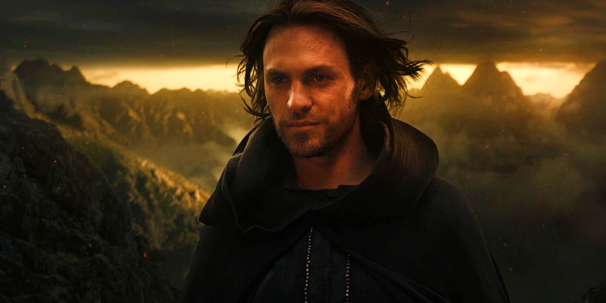 Charlie Vickers as Sauron over Mount Doom in The Lord of the Rings: The Rings of Power Finale.