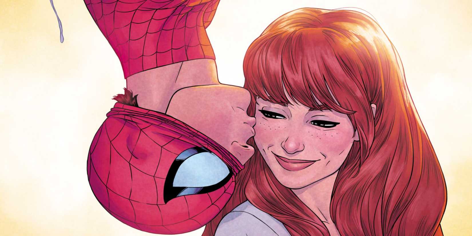 Arte de quadrinhos: Homem-Aranha beijando Mary Jane Watson