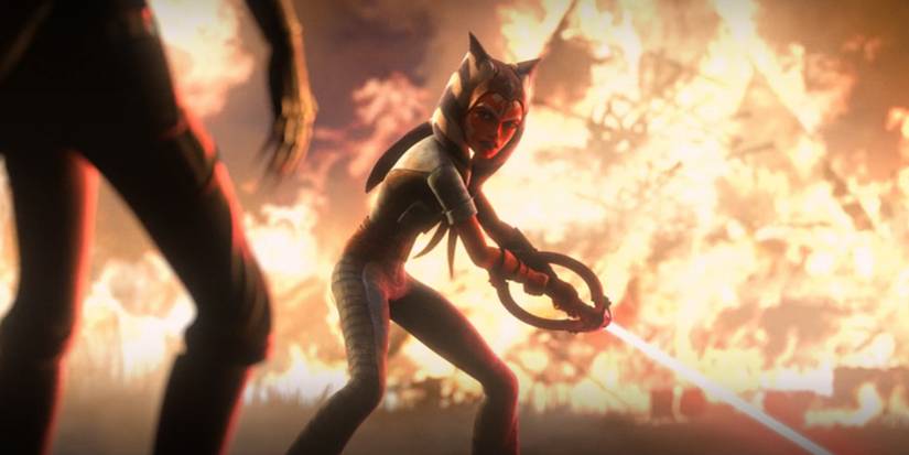 Ahsoka Tano strikes down an Inquisitor with fire in the background in Star Wars: Tales of the Jedi episode 6.