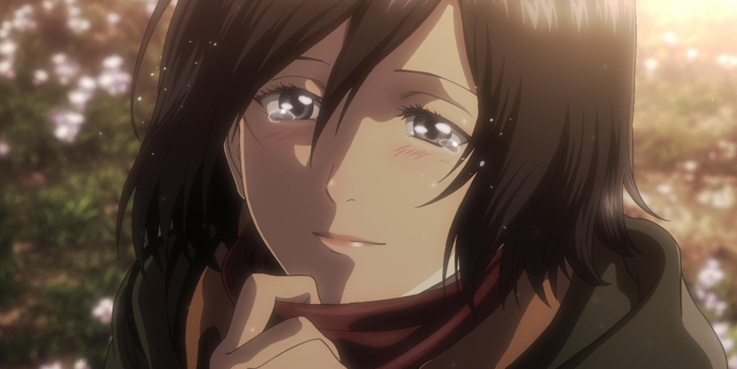 Mikasa Ackerman tugging at eren's scarf Attack on Titan