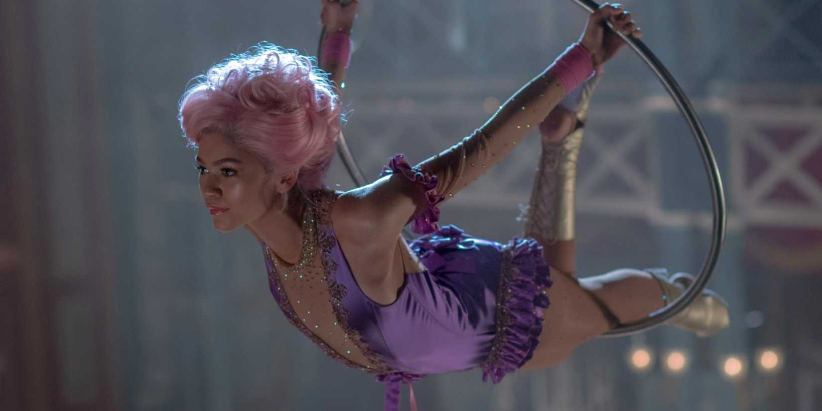 The Greatest Showman's Zendaya hanging from a hoop in a musical number
