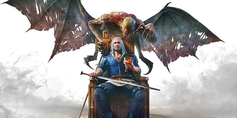Cover art for The Witcher 3 Expansion Blood and Wine, Geralt sitting in a chair holding a sword and wine glass while a monster perches above