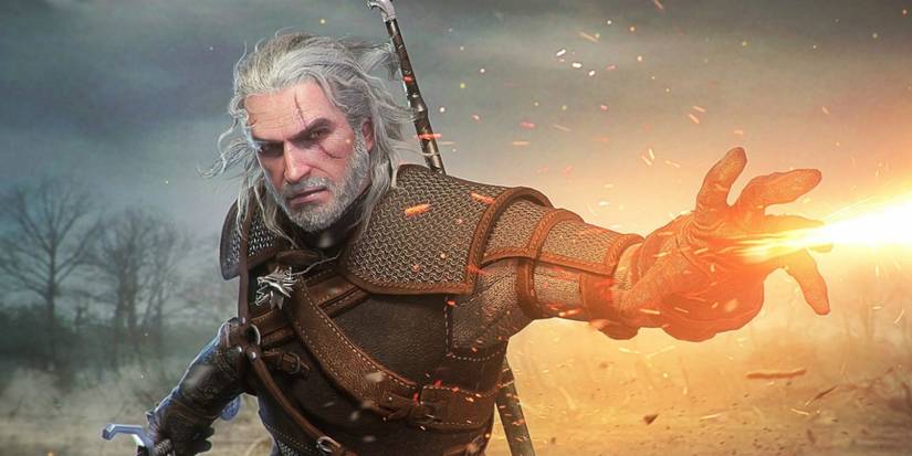 Geralt of Rivia from The Witcher 3: Wild Hunt casting magic out of one hand.
