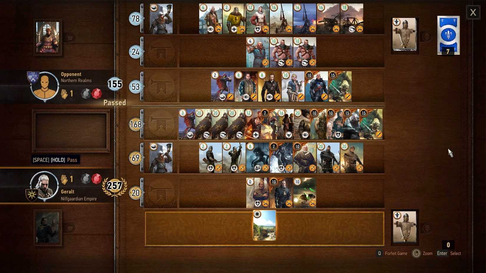 Image of a Gwent match with a full board of cards from The Witcher 3: Wild Hunt.