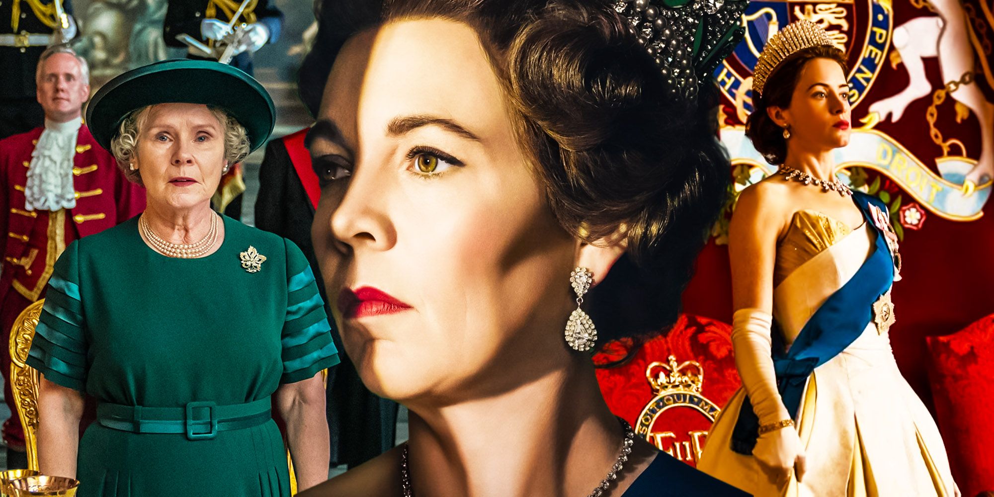 Blended image of Imelda Staunton, Olivia Colman, and Claire Foy in The Crown.