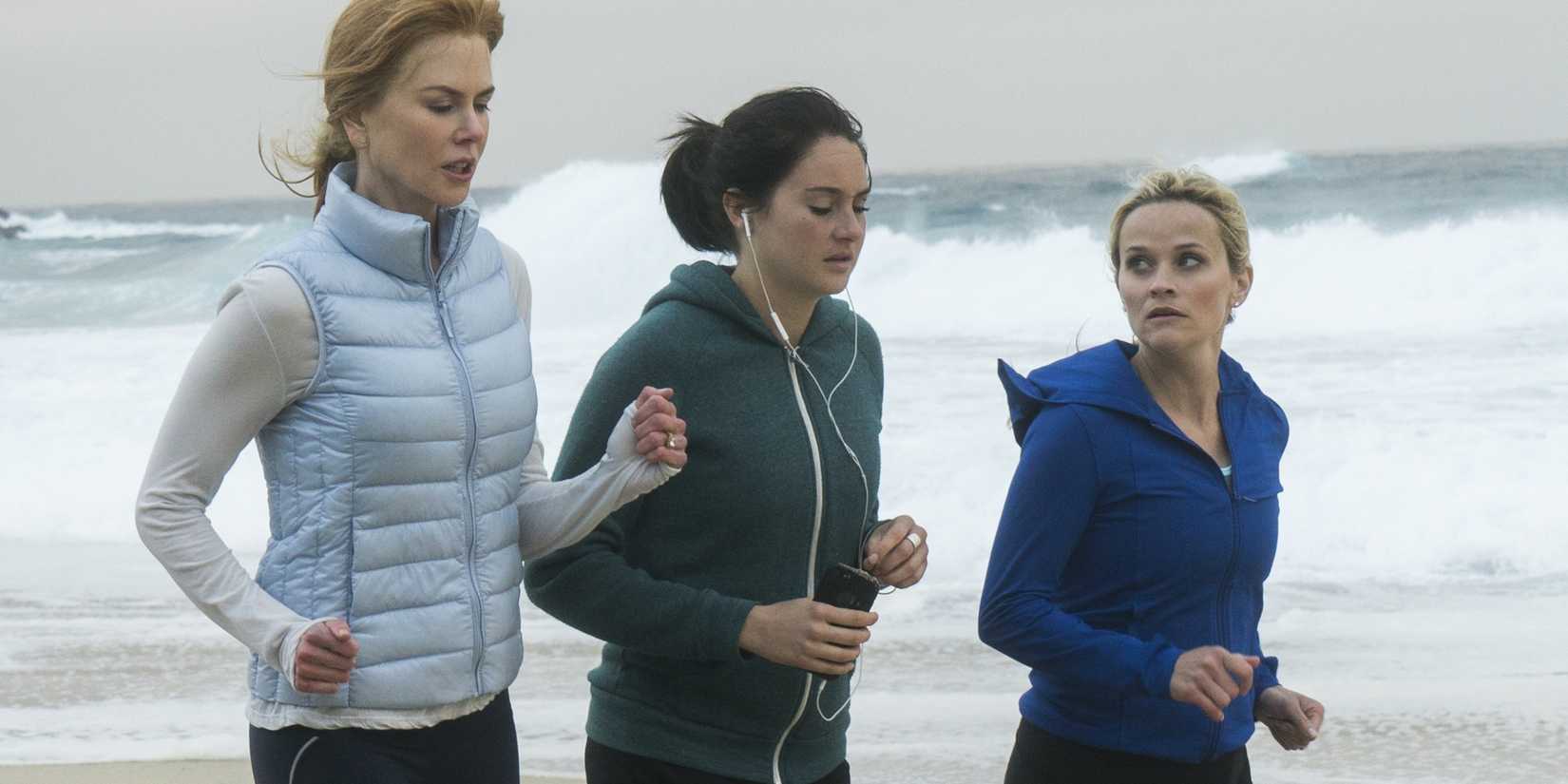 Nicole Kidman, Shalene Woodley, and Reese Witherspoon jog on the beach in Big Little Lies 